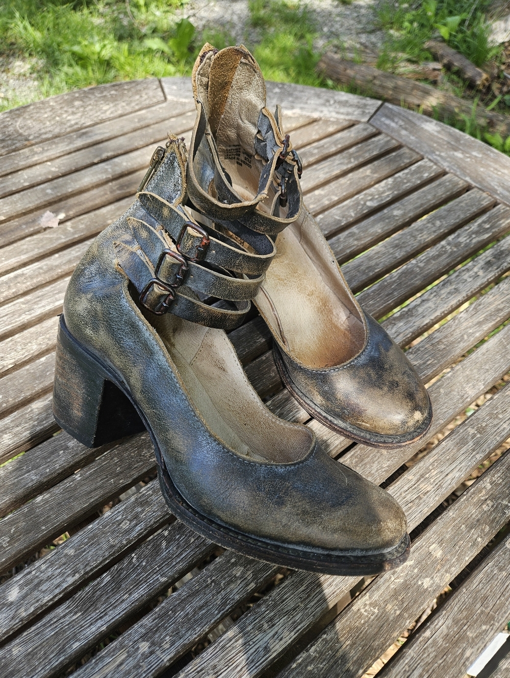 Freebird by Steven Distressed Metallic Black and Brown Strappy Heels